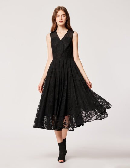 MARYLING V-Neck Sleeveless Patch Lace Midi Dress